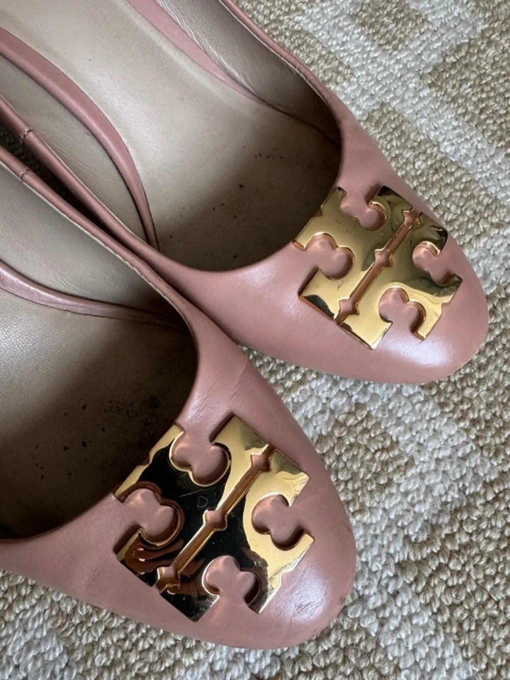 Tory Burch Raleigh Logo Pumps Blush Oak Block Heel Leather Size 5